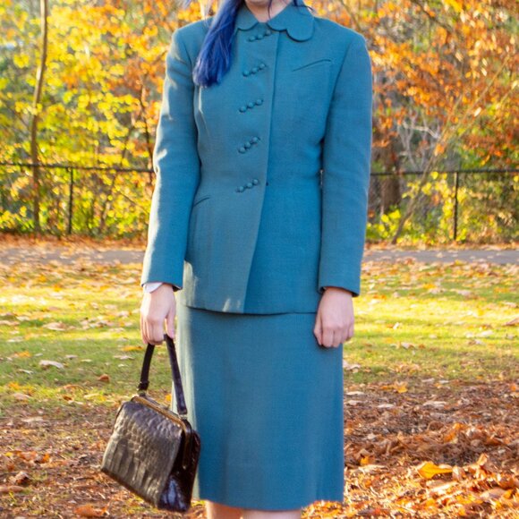 Vintage Dresses & Skirts - Teal 1940s Scallop Collared Suit with Fancy Buttons